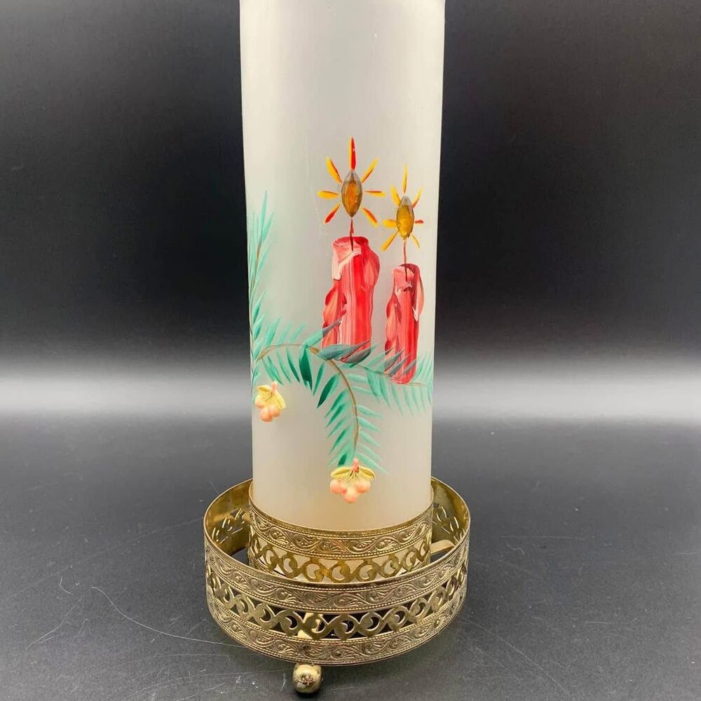 Vintage Frosted Glass Hurricane Candle Holder w/ Metal Base Hand Painted